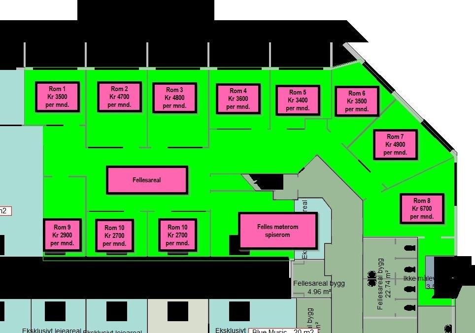 Kontorfellesskap med bredbånd og renhold inkludert i leien Galleribilde