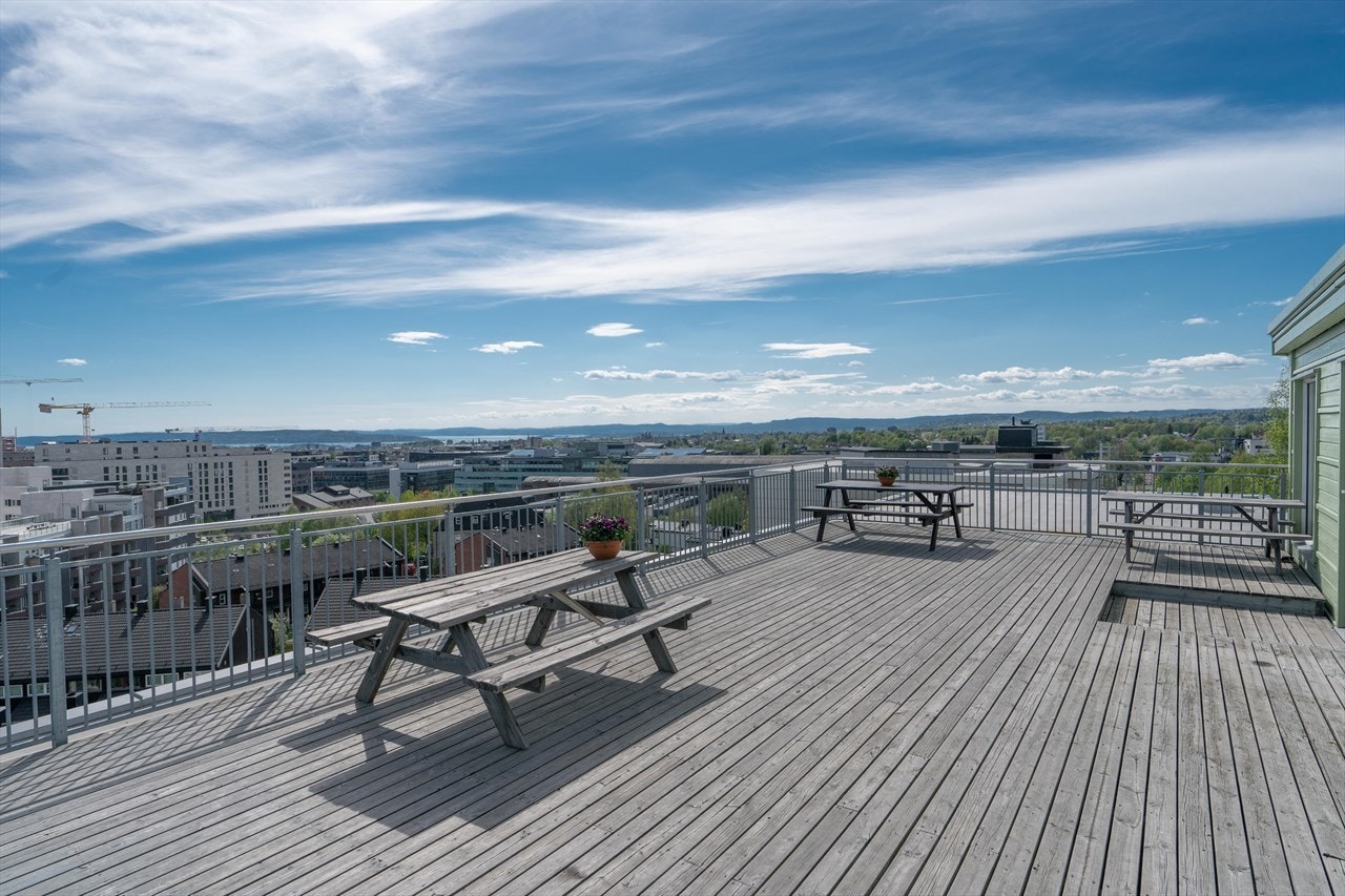Som beboer i borettslaget har du tilgang til en fantastisk takterrasse med svært gode solforhold og utsikt over Oslo Galleribilde