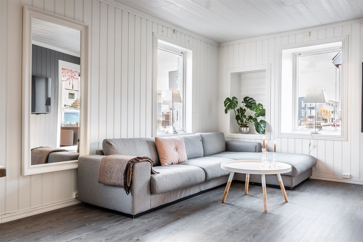 Lys og trivelig stue med masse lysinnslipp