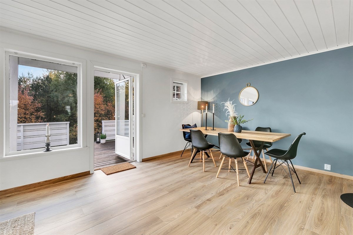 Det er en elegant dueblå fondvegg på den ene veggen Galleribilde