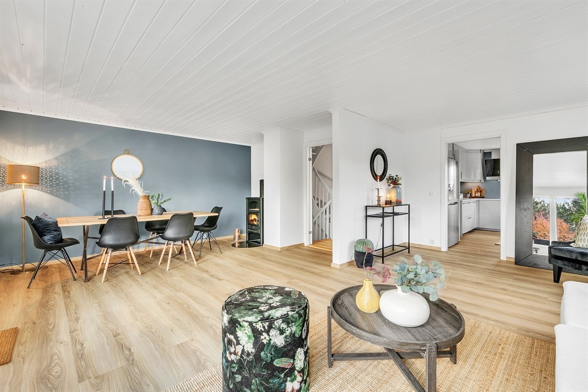 God plass til både spisebord og sofa med tilhørende møblement. Galleribilde