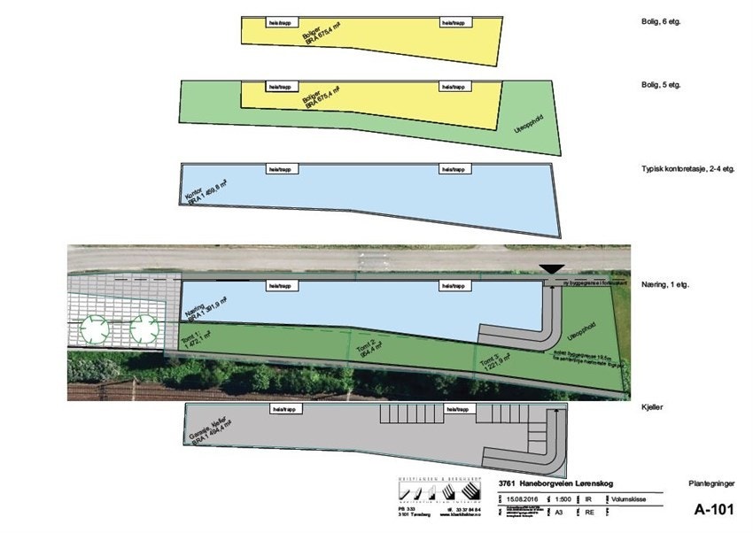 Prosjektet ser for seg et garasjeanlegg under bakken, næringslokale i 1. etasje, eks. dagligvarerbutikk, kontorer 2-4 etasje og boligkompleks øverst. Galleribilde