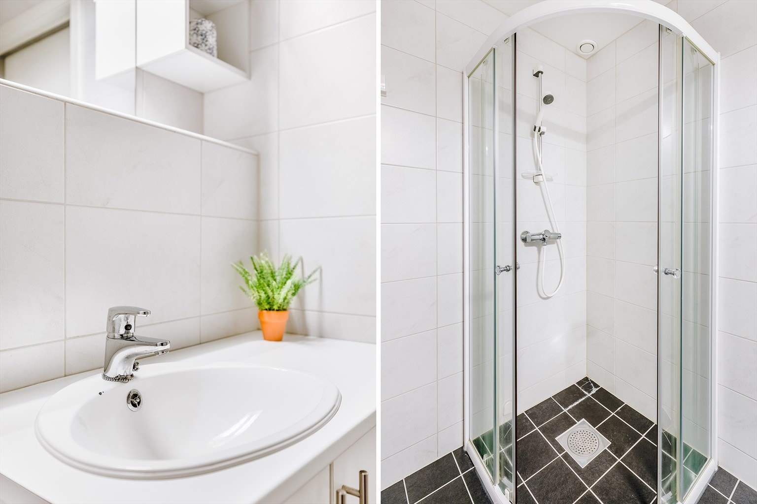 Det er avsatt plass til vaskemaskin ved dusjhjørnets side. Galleribilde