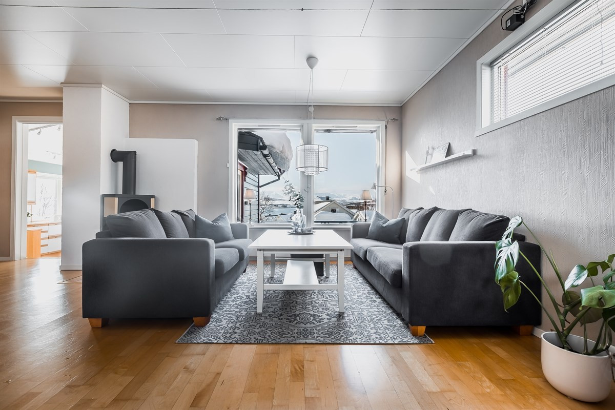 Stue i 2. etasje med store vindusflater og god plass til møblement