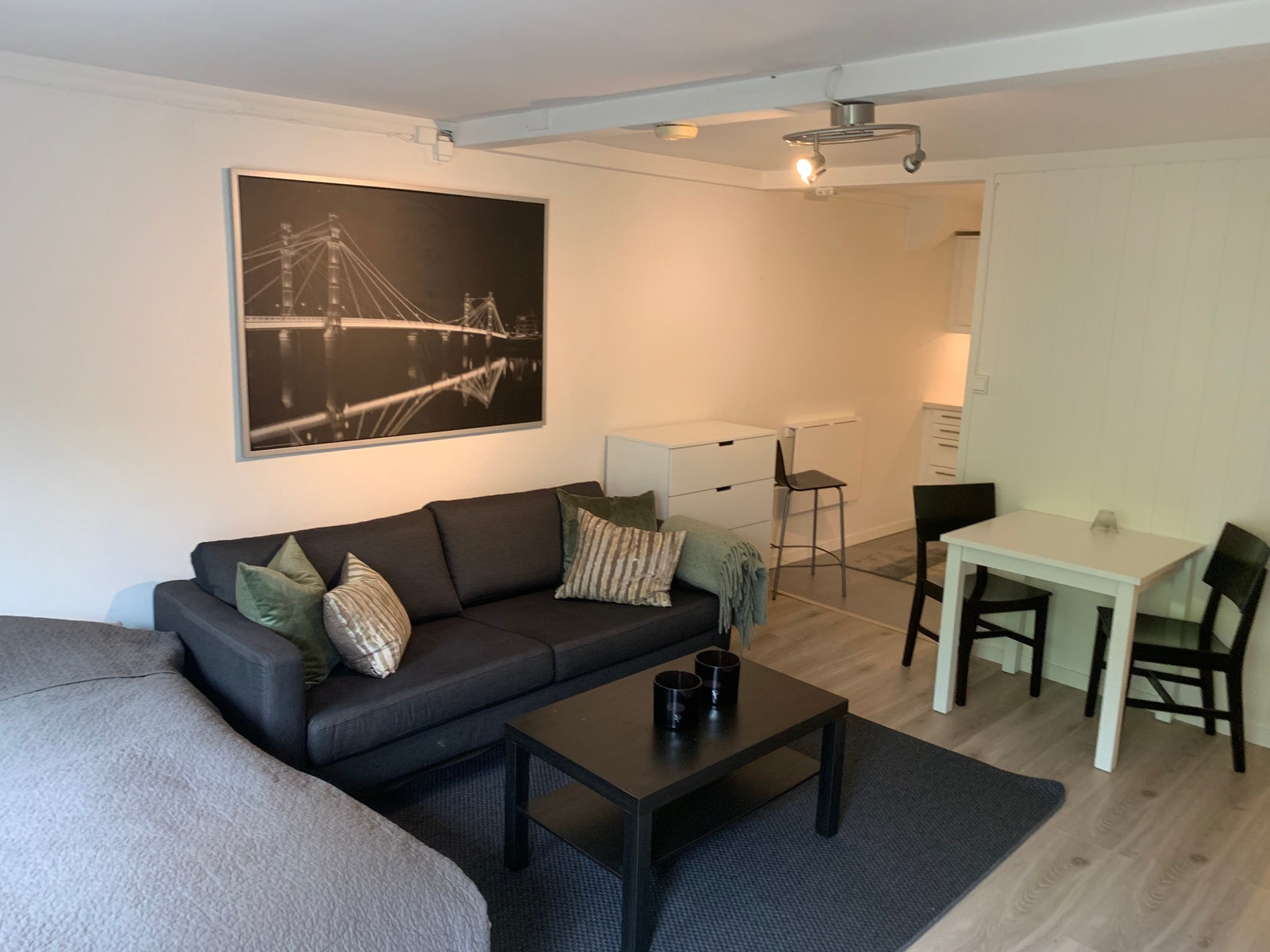 Fullt møblert med sofa, bord og tvbenk. Galleribilde