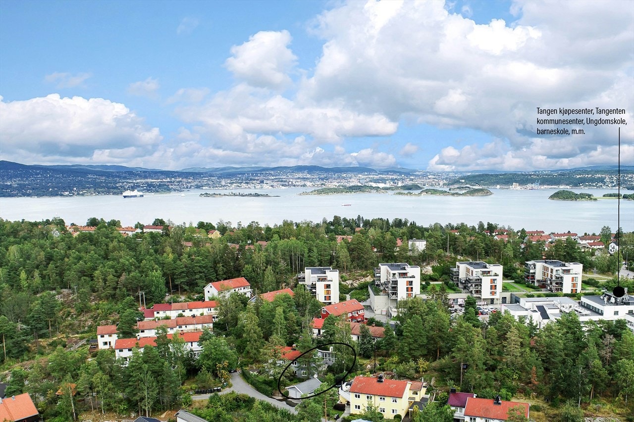Kjøpesenter, skoler og kommunesenter ligger ca. 1-2 minutters gange gjennom skogholtet bak huset. Galleribilde