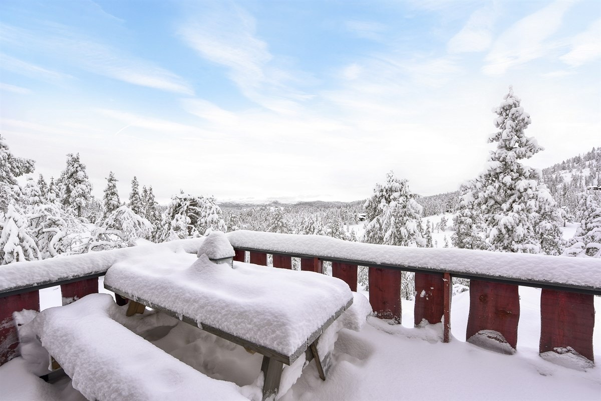 Rundt hytta er det montert en stor, delvis overbygd terrasse, med utgang fra stue og adkomst via inngangspartiet. Galleribilde