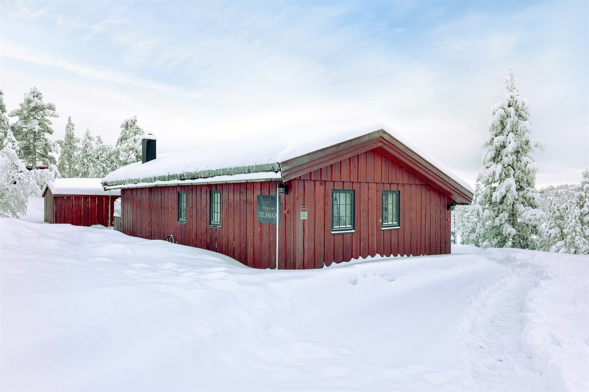 Innkjørsel og gårdsplass er grusbelagt. Det er rikelig med biloppstillingsplasser på privat tomt. Galleribilde
