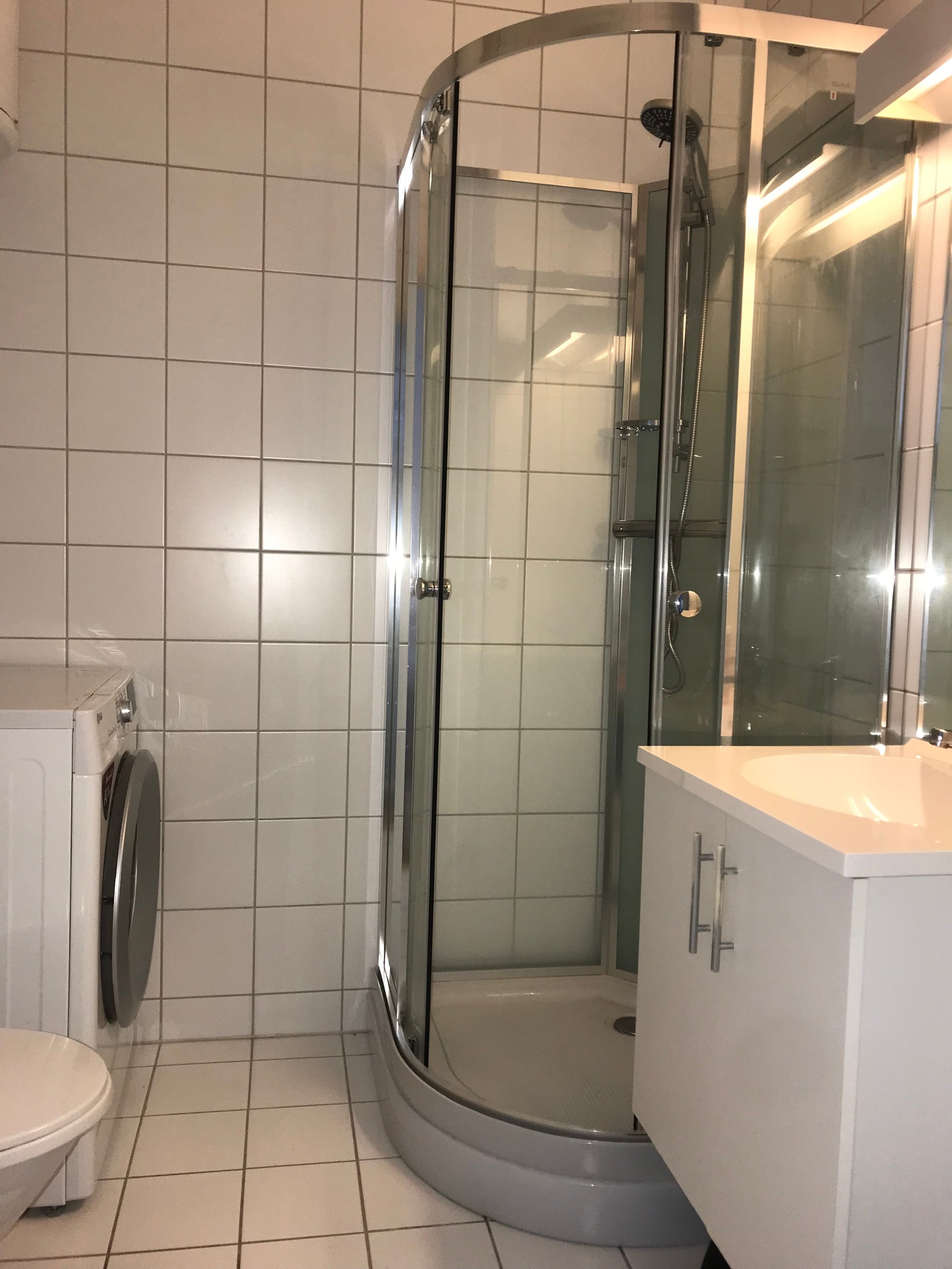 Bad med vaskemaskin,tørketrommel skapplass, toalett og dusj. Galleribilde