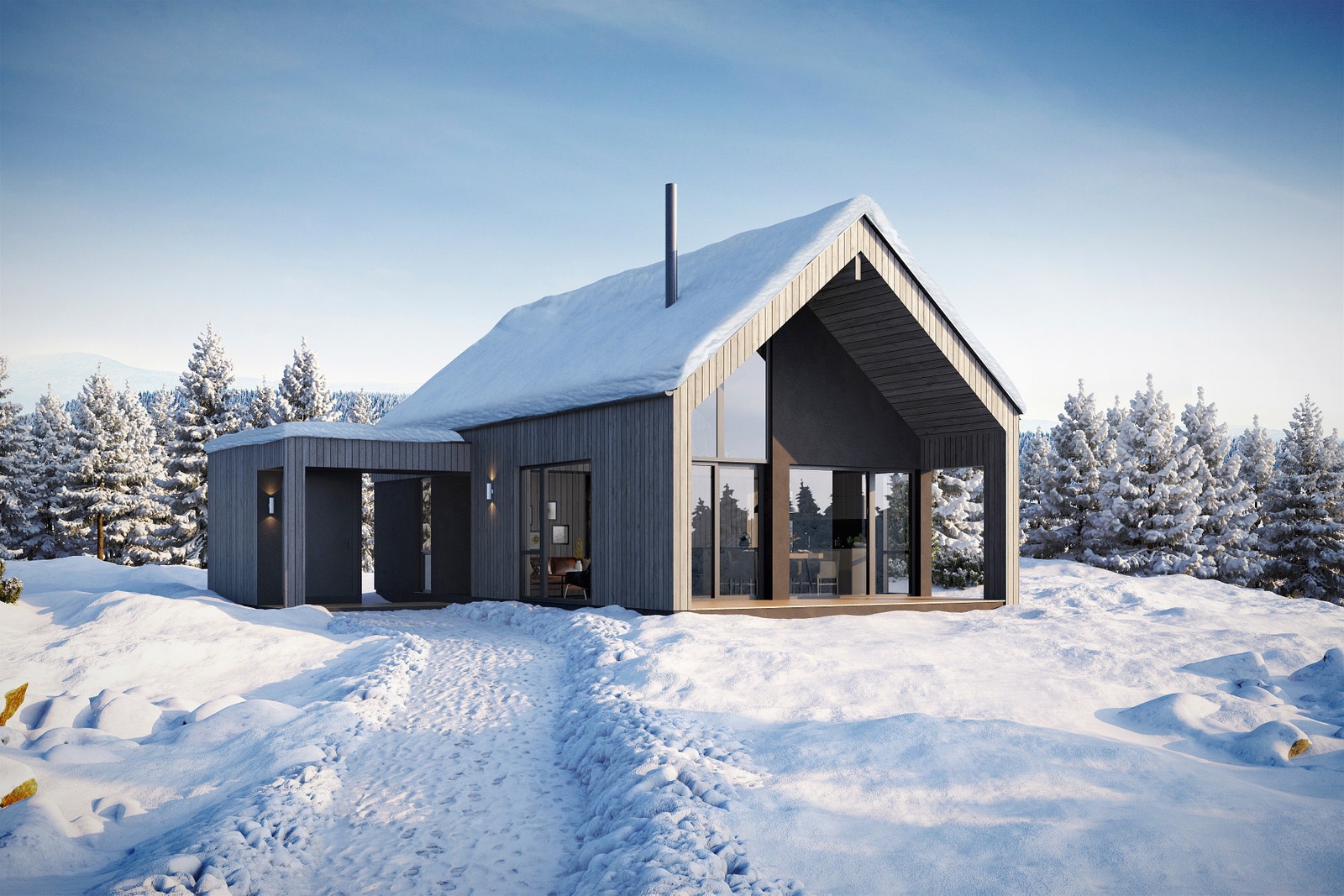 Hyttemodell: A1. A-modellene har et likt arkitektonisk utgangspunkt hvor tallet representerer en større og mer innholdsrik planløsning Galleribilde