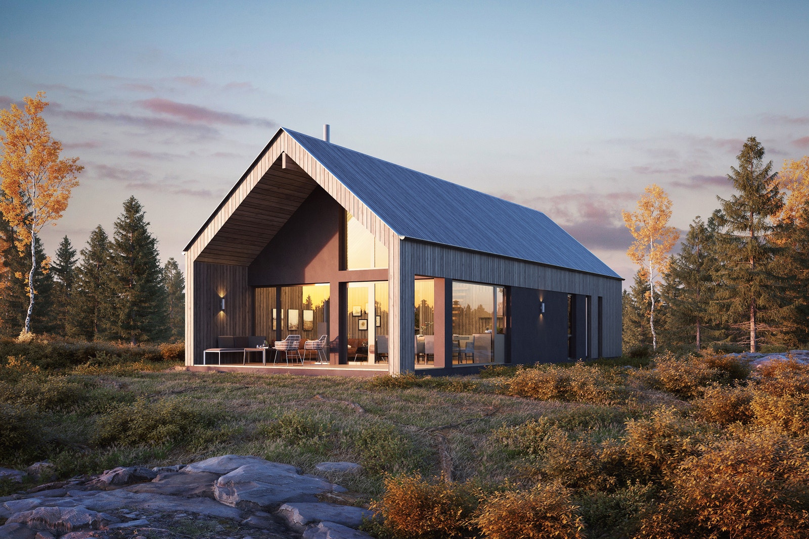 Hyttemodell: A3. Alle hyttene vil selges med tilhørende bod, bygget sammen via inngangspartiet Galleribilde