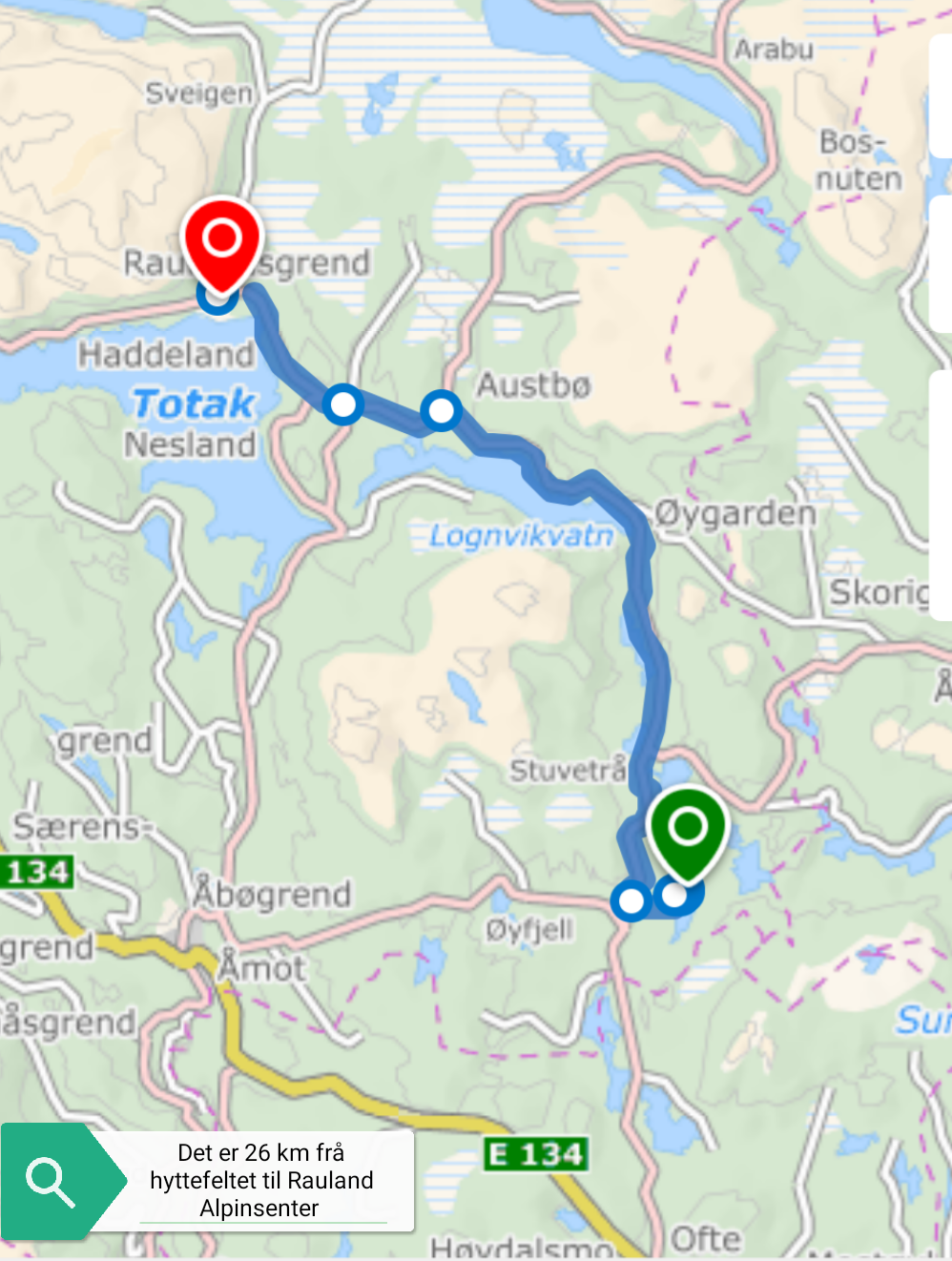 Viser kjørerute fra hyttefeltet til Rauland Alpinsenter Galleribilde