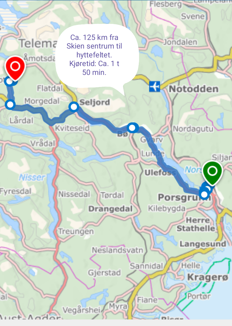 Viser kjørerute fra Skien - Øyfjell Galleribilde