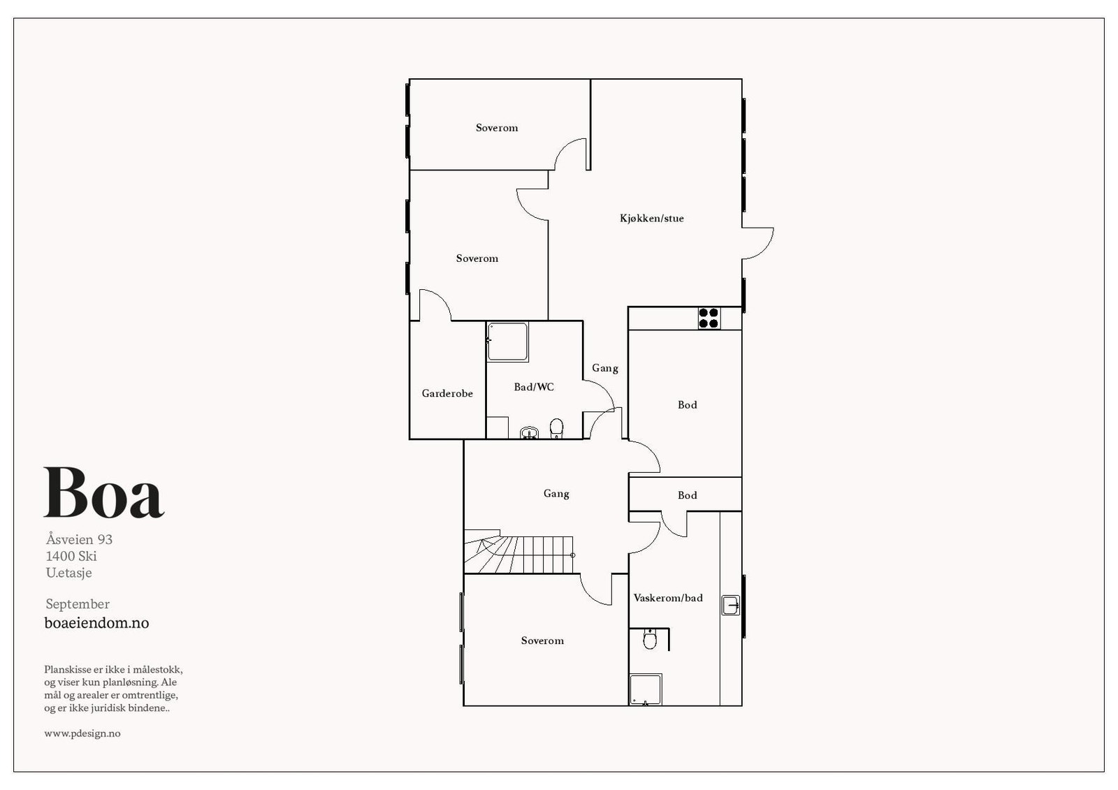 Kjelleretasje: Gang, bad/vaskerom, soverom. Teknisk rom, bod. / Hybel: Stue/kjøkken, to soverom, bad/vaskerom, gang. Bod. Galleribilde