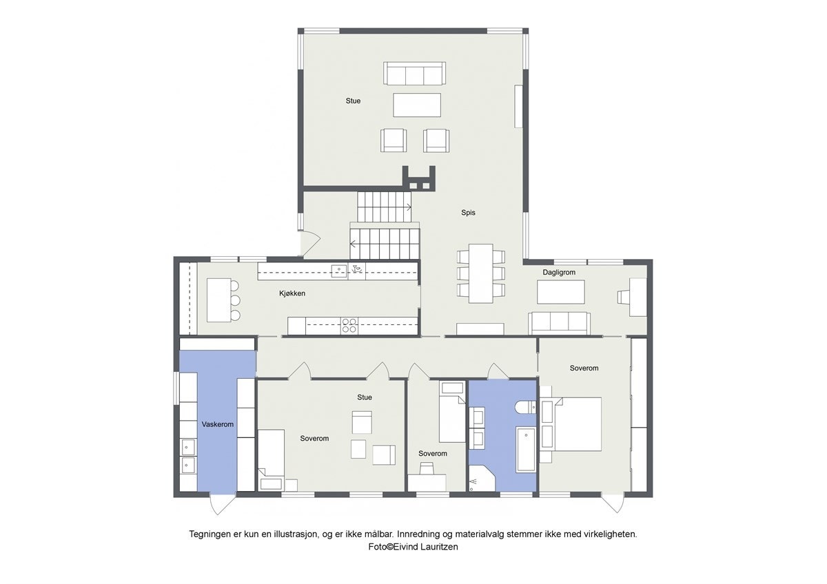 Planskisse for første etasje, ikke målholdig. Detaljer kan avvike. Galleribilde