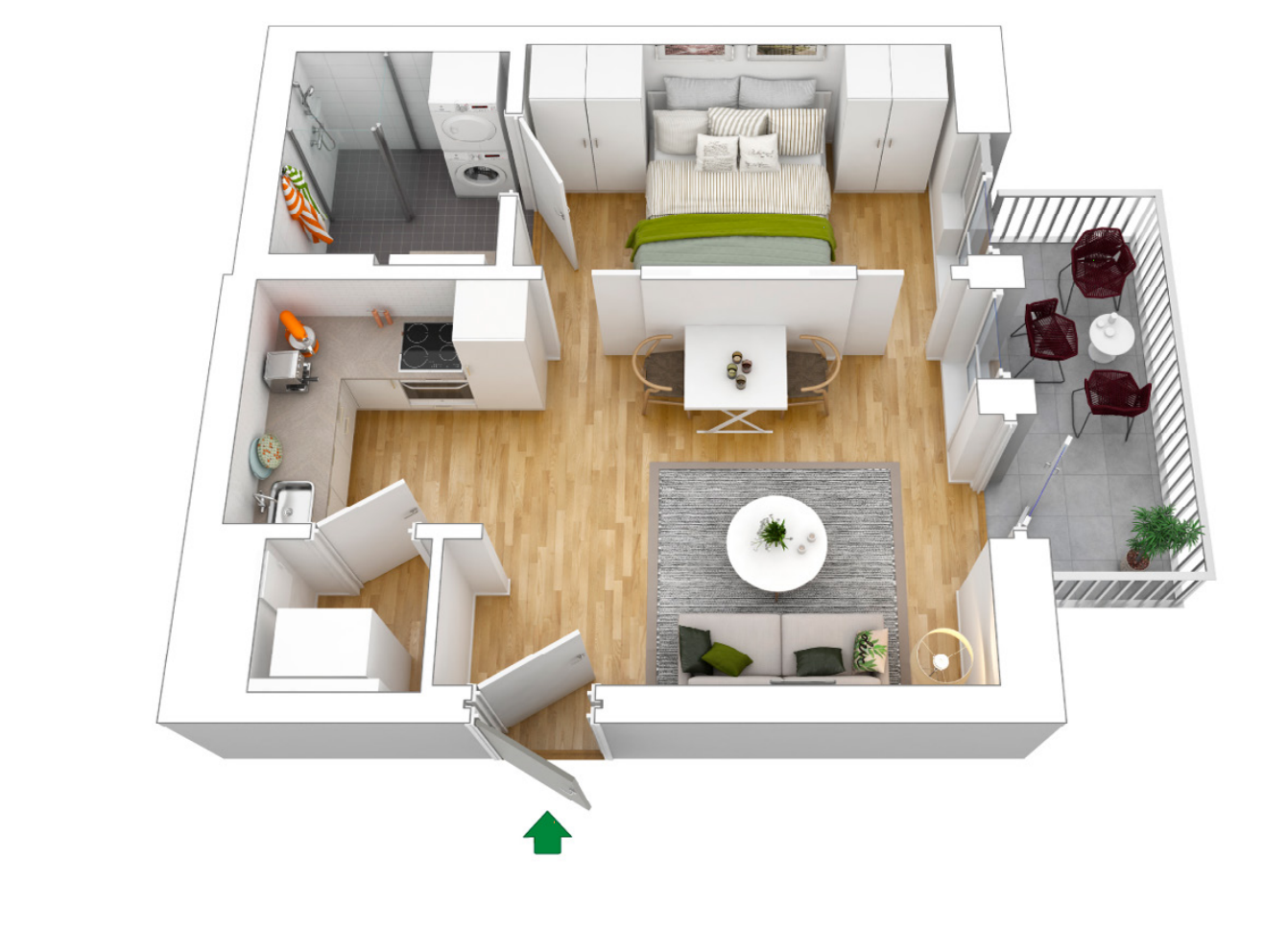 Leiligheten har lys og arealeffektiv åpen stue/kjøkkenløsning, romslig soverom og bad, samt en luftig balkong. Galleribilde