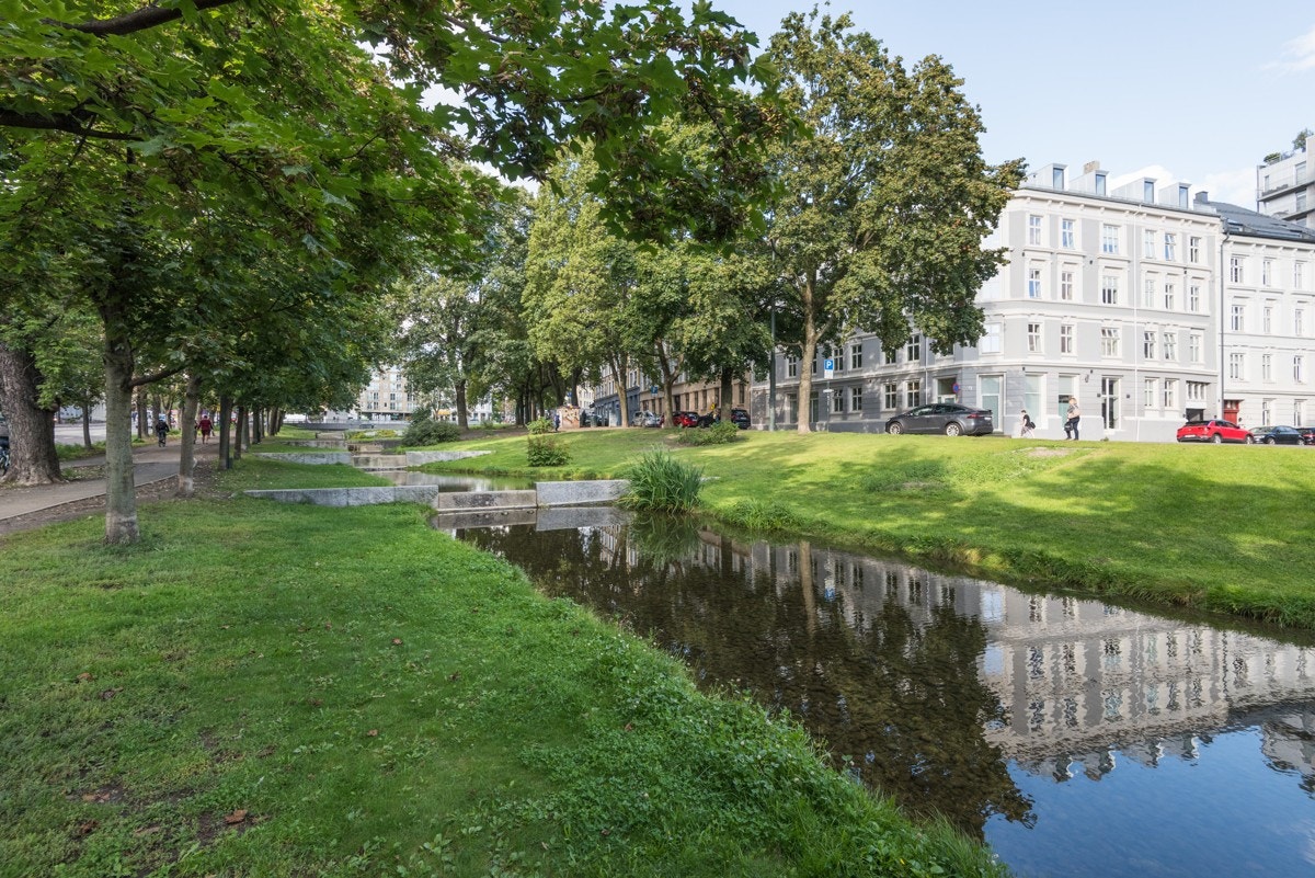 Hyggelig parkområde med bekk rett utenfor døren Galleribilde