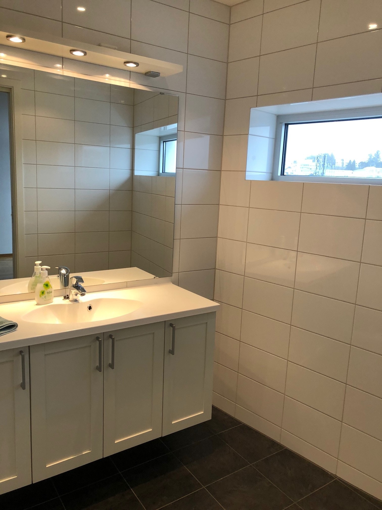 Lyst og romslig bad og vindu med utsikt. / Nice and bright bathroom and window with a view. Galleribilde