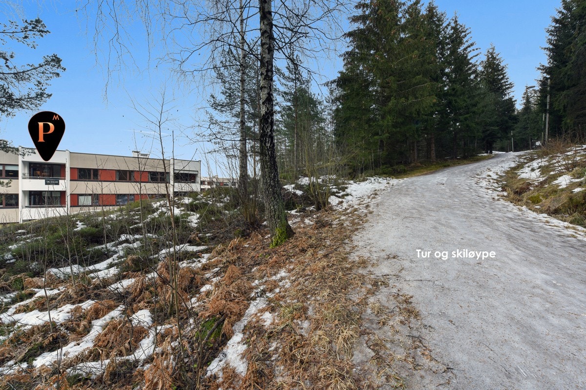 Balkongen har utsikt til skog og mark. Galleribilde