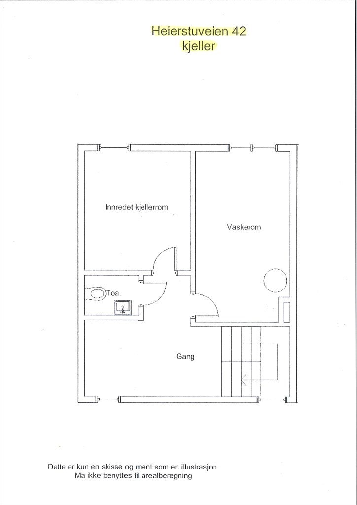 Planskisse kjelleretasje: 42 kvm p-rom, takhøyde er 219 cm: Innredet kontor, kjellerstue, vaskerom/ oppbevaringsrom og wc-rom. Bod under trapp på 2 kvm utgjør sekundærrom. Galleribilde