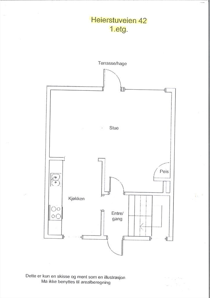 Planskisse 1. etasje: 47 kvm p-rom, takhøyde er 246 cm: Entré, kjøkken, stue med utgang til privat hage. Galleribilde