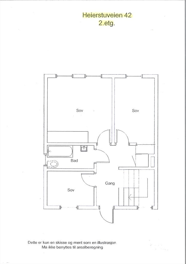 Planskisse 2. etasje, 47 kvm p-rom, takhøyde er 237 cm: 3 soverom, bad/wc og gang med nedfellbar stige til stort lagringsloft. Galleribilde