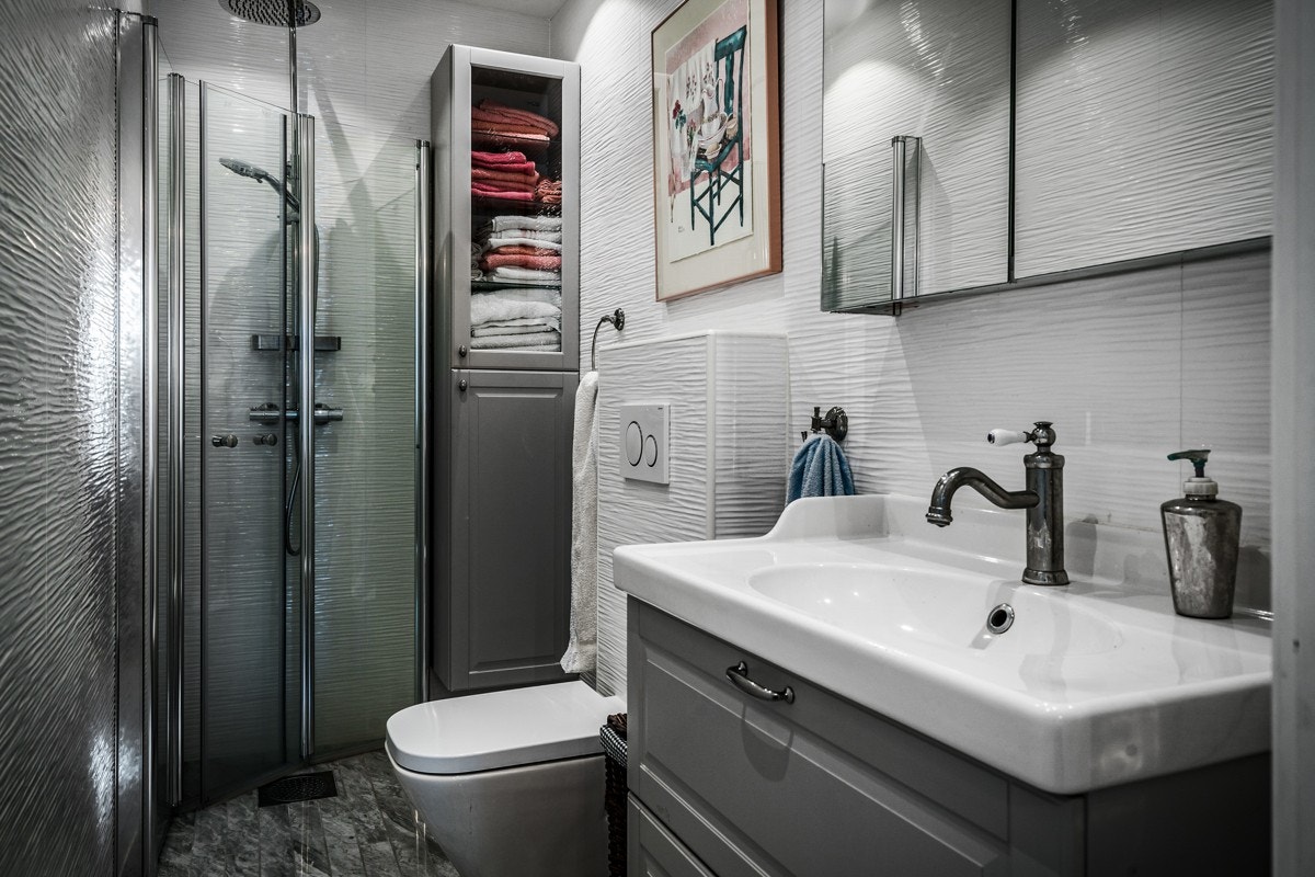 Det er et eksklusivt materialbruk også på det tredje badet. Galleribilde