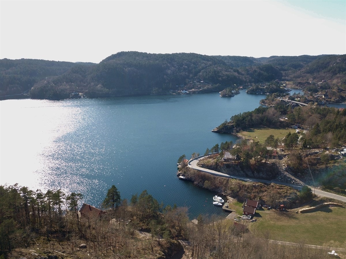 Fjorden foran hytter Galleribilde