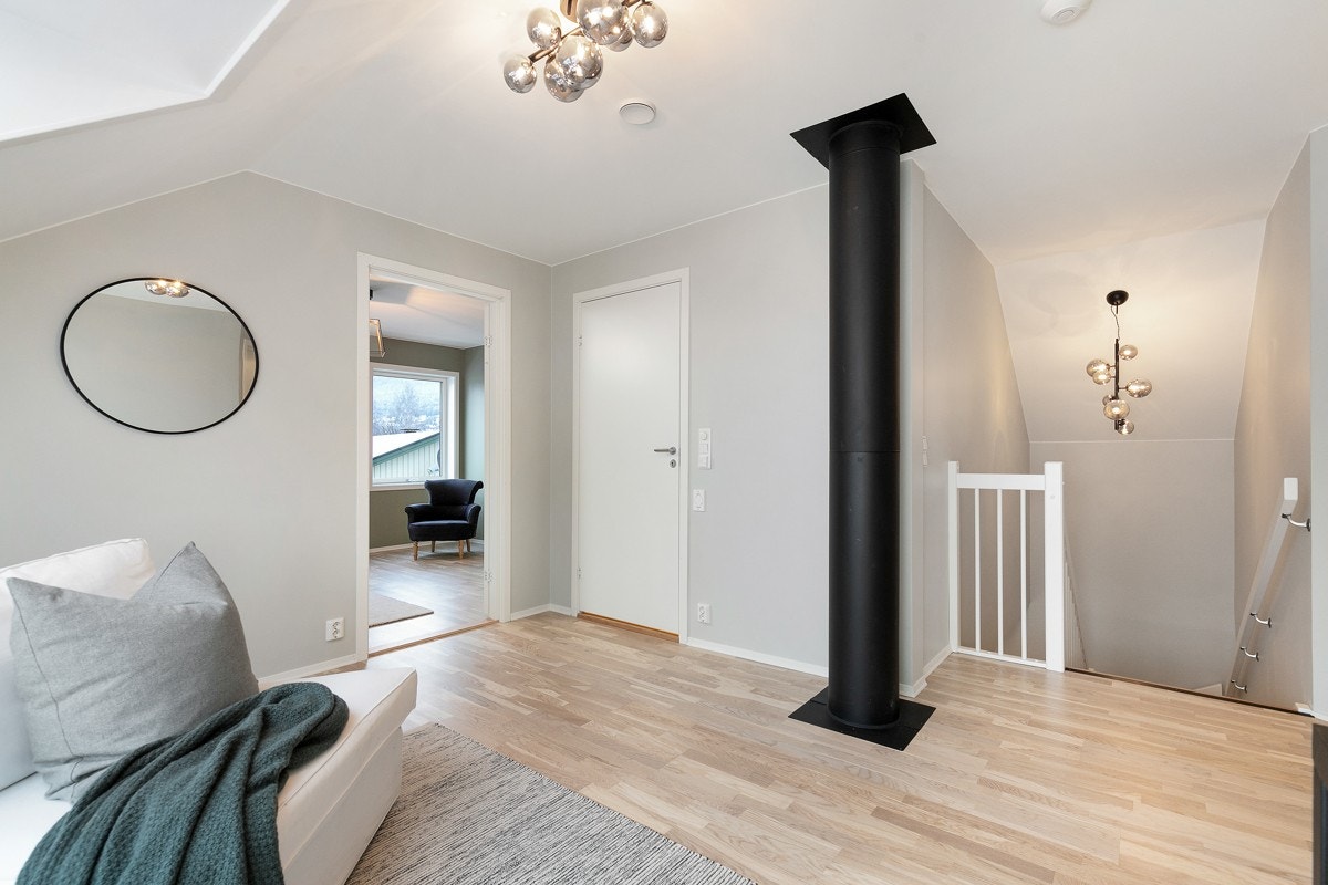 Loftstuen har vegger i lysegrått og eikeparkett på gulv. Galleribilde