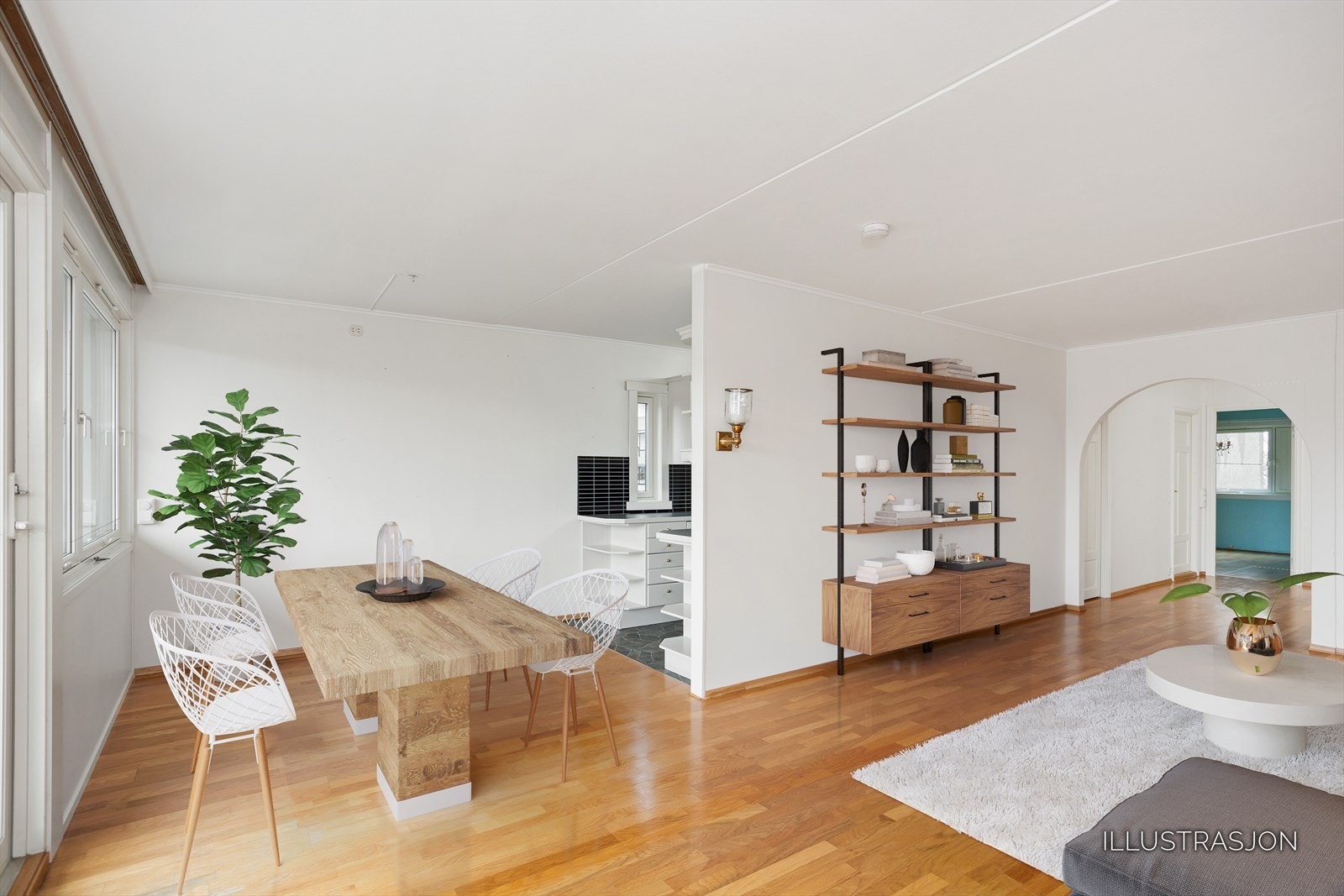 Stuen blir et sosialt rom med en åpen løsning til spisestuen. Galleribilde