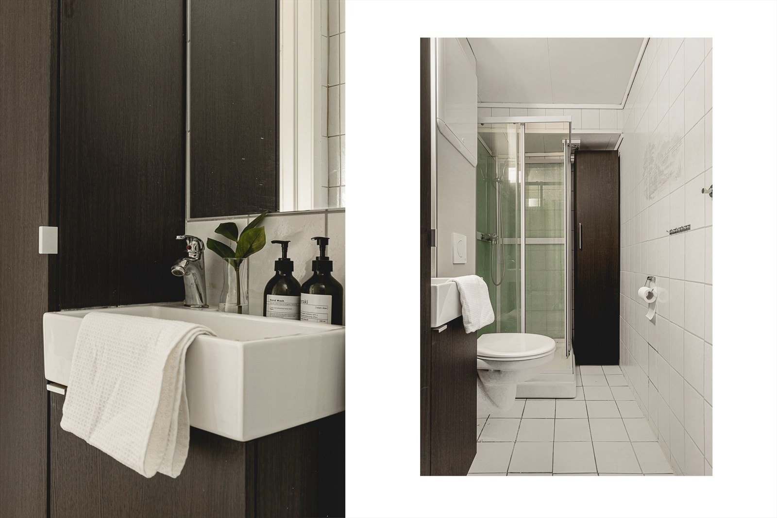 Badet er flislagt og har gulvvarme. Rommet har vegghengt wc, dusjkabinett og servantskap. Det fremkommer av tidligere prospekt at det er montert nytt rør-i-rør system i 2017, samt at vegghengt wc ble satt inn samme år. Galleribilde