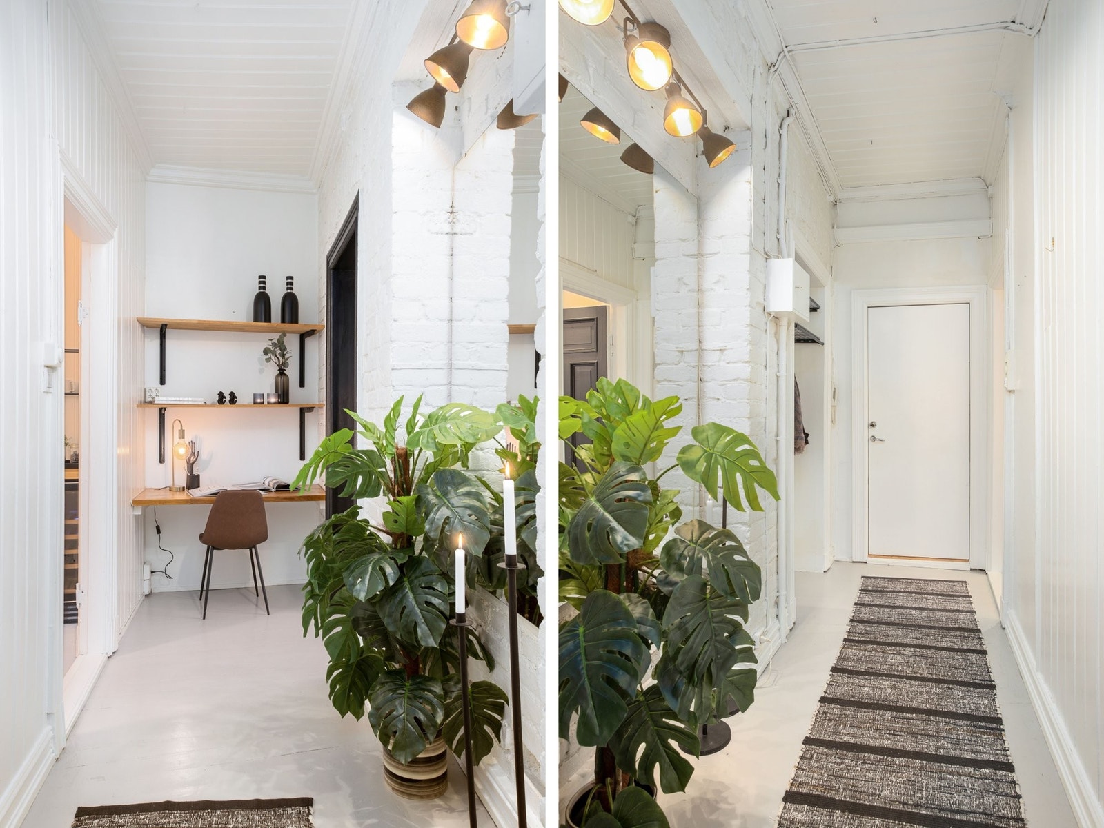 Entreèn er innbydende med teglstein og nymalt gulv. Her er det plass til hattehylle og skostativ, og innerst finner man en fin kontorløsning. Galleribilde