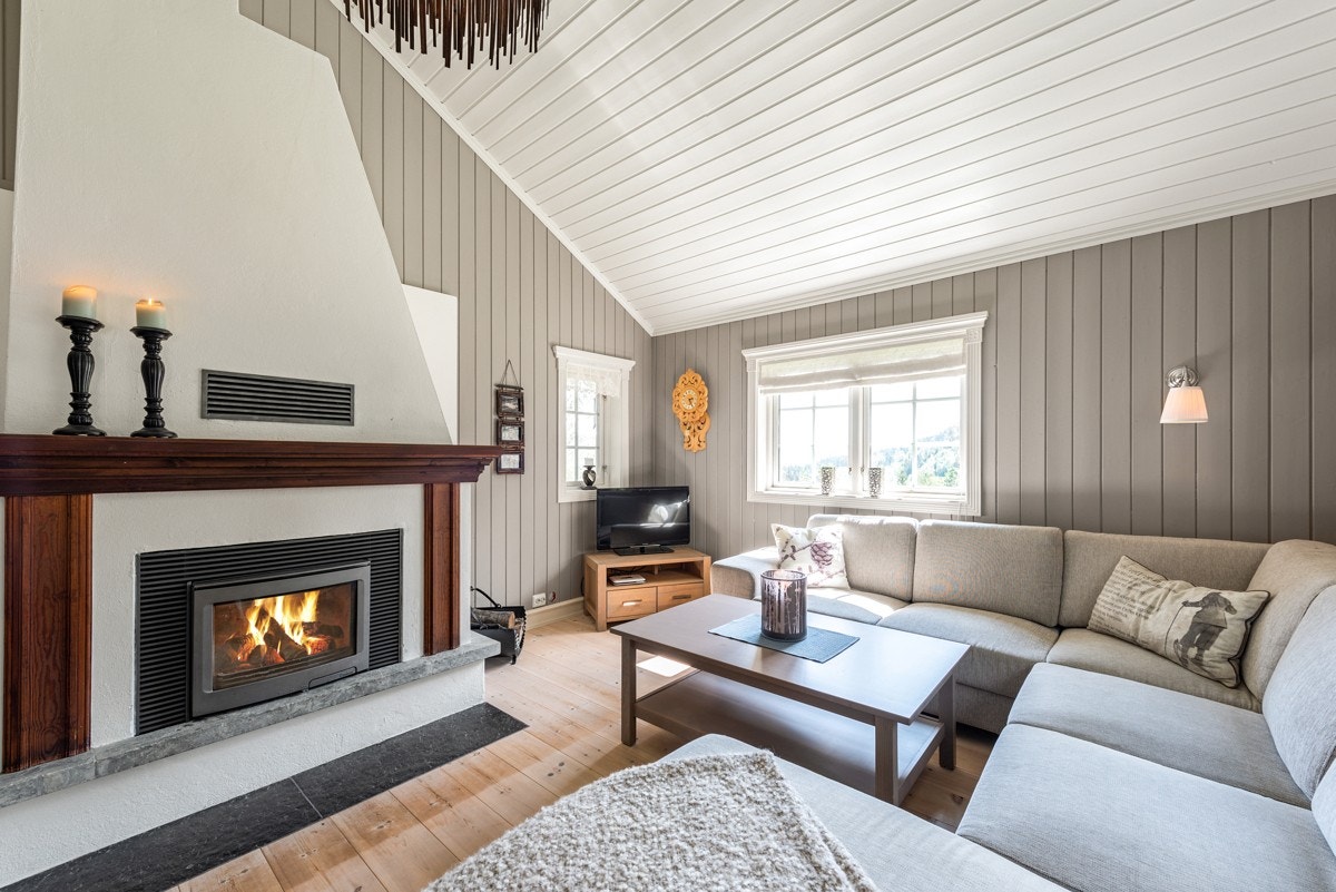 Romslig stue med peis. Galleribilde