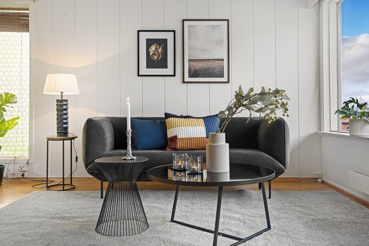 Stuen har naturlige soner for møblering av sofagruppe og spisebord, samt øvrig innredning.