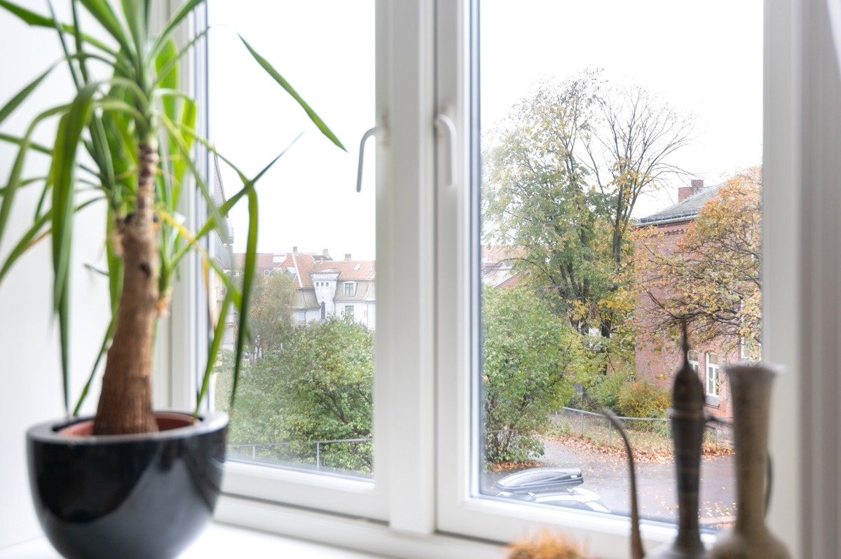 Alle vinduene i leiligheten var nye i 2019, og det er brede vinduskarmer for planter og dekor. Galleribilde
