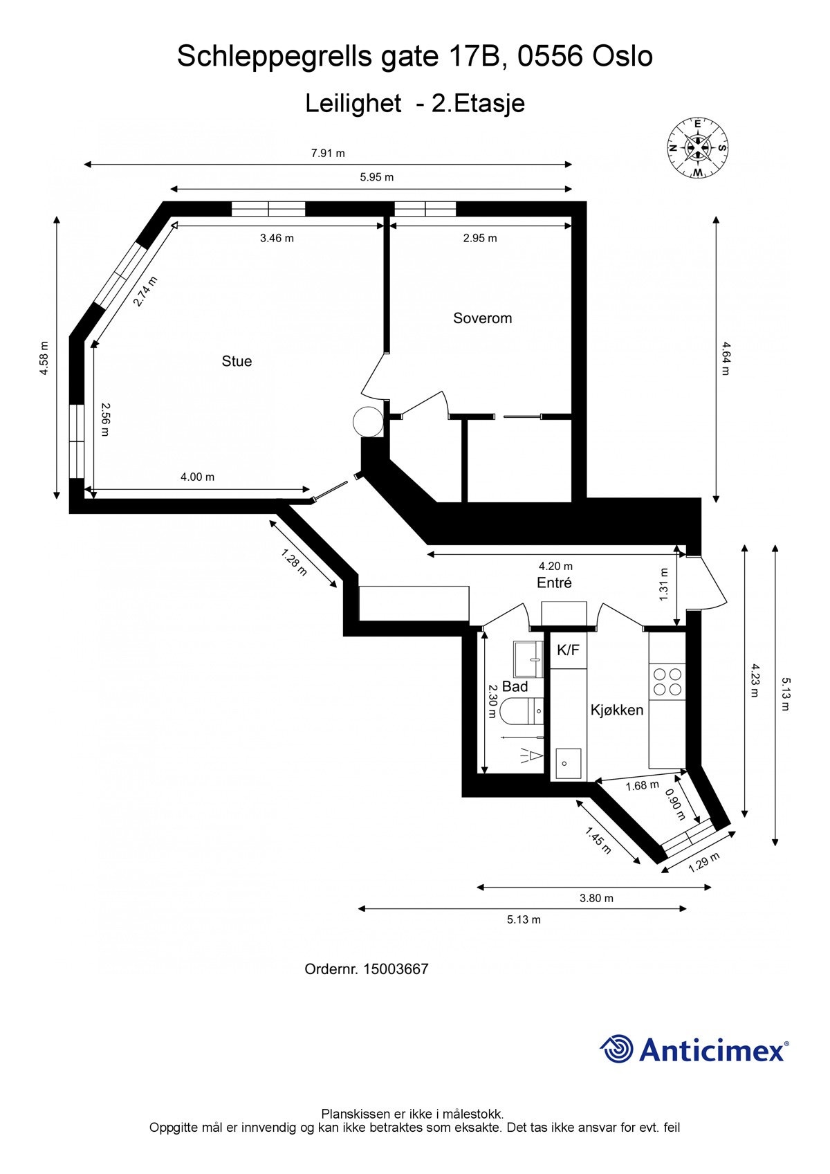 Plantegning. I tillegg disponerer leiligheten en kjellerbod på ca. 8m², samt en loftsbod på ca. 2,5m². Galleribilde