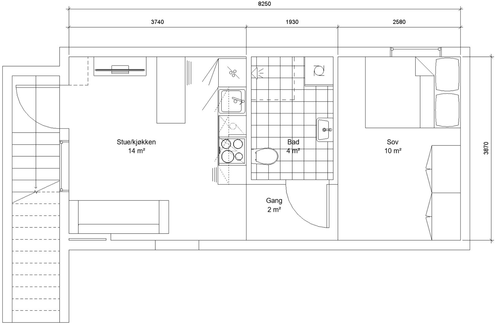 Plantegning av leiligheten. Sofa/seng/tv medfølger ikke. Galleribilde