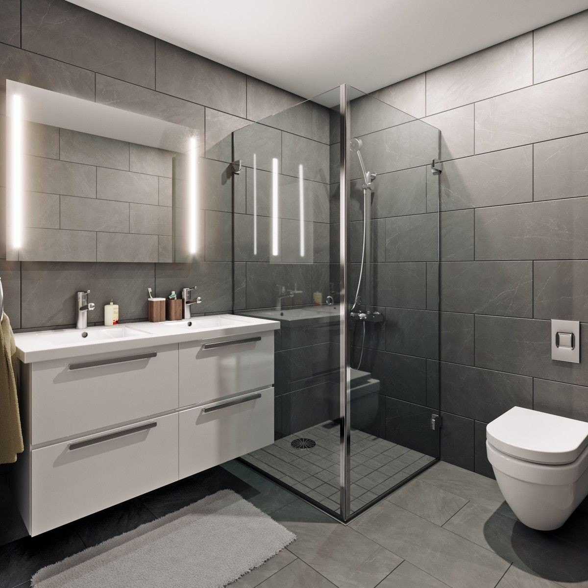Illustrasjon av et annet bad i huset. Badet i leiligheten har tilsvarende standard som dette. Galleribilde