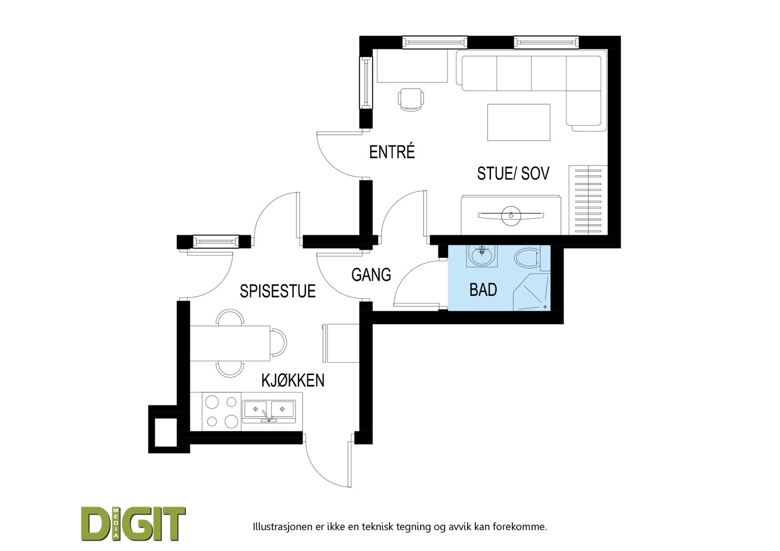 HYBELLEILIGHET 2. - PLANTEGING Galleribilde