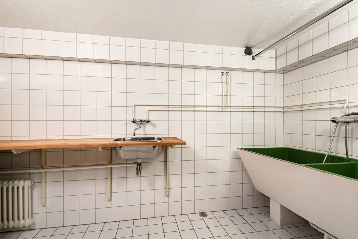 Vaskerommet ligger i kjelleren og er enkelt, men meget funksjonelt innredet. Gulv og vegger er kledd med hvite fliser. En trebenkeplate er utformet i vinkel langs to vegger og har nedfelt utslagskum i stål. To store, støpte skyllekummer fra 1890-tallet. Galleribilde