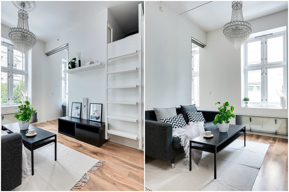 Fin stueløsning med hems for lagring eller overnattingsbesøk Galleribilde