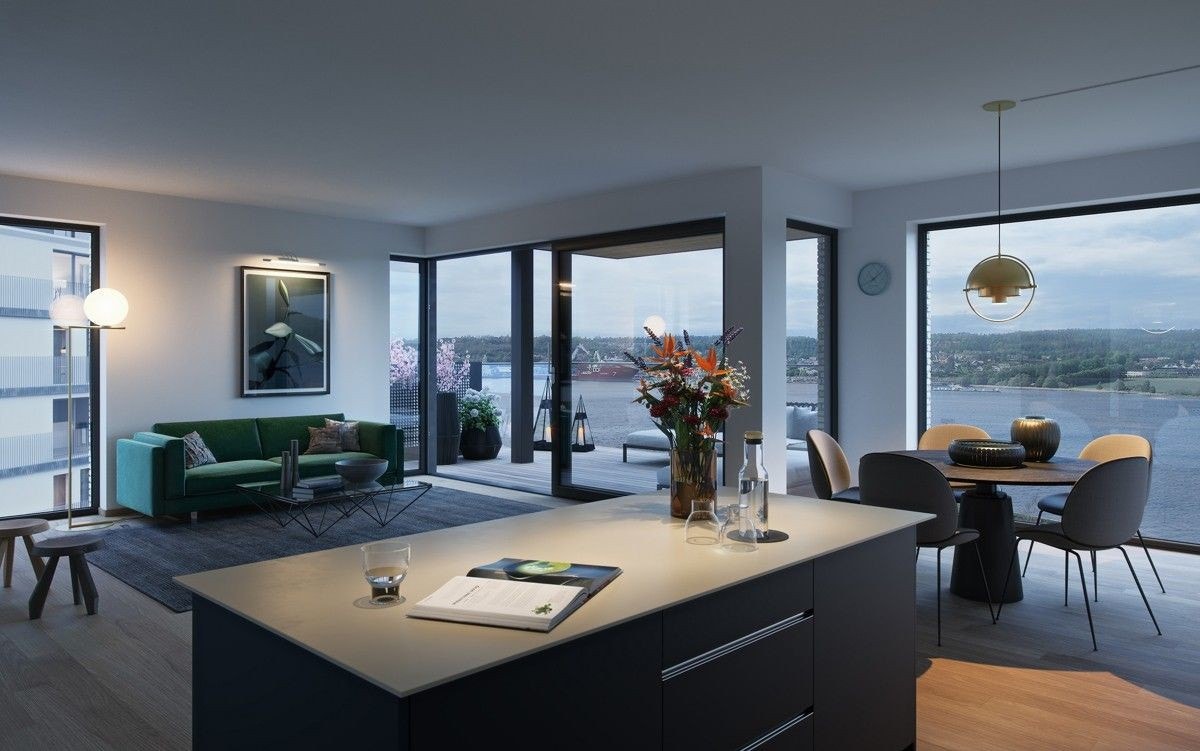 Utsikten blir ivaretatt gjennom store vinduer samt utgang til balkong (illustrasjonsbilde). Galleribilde