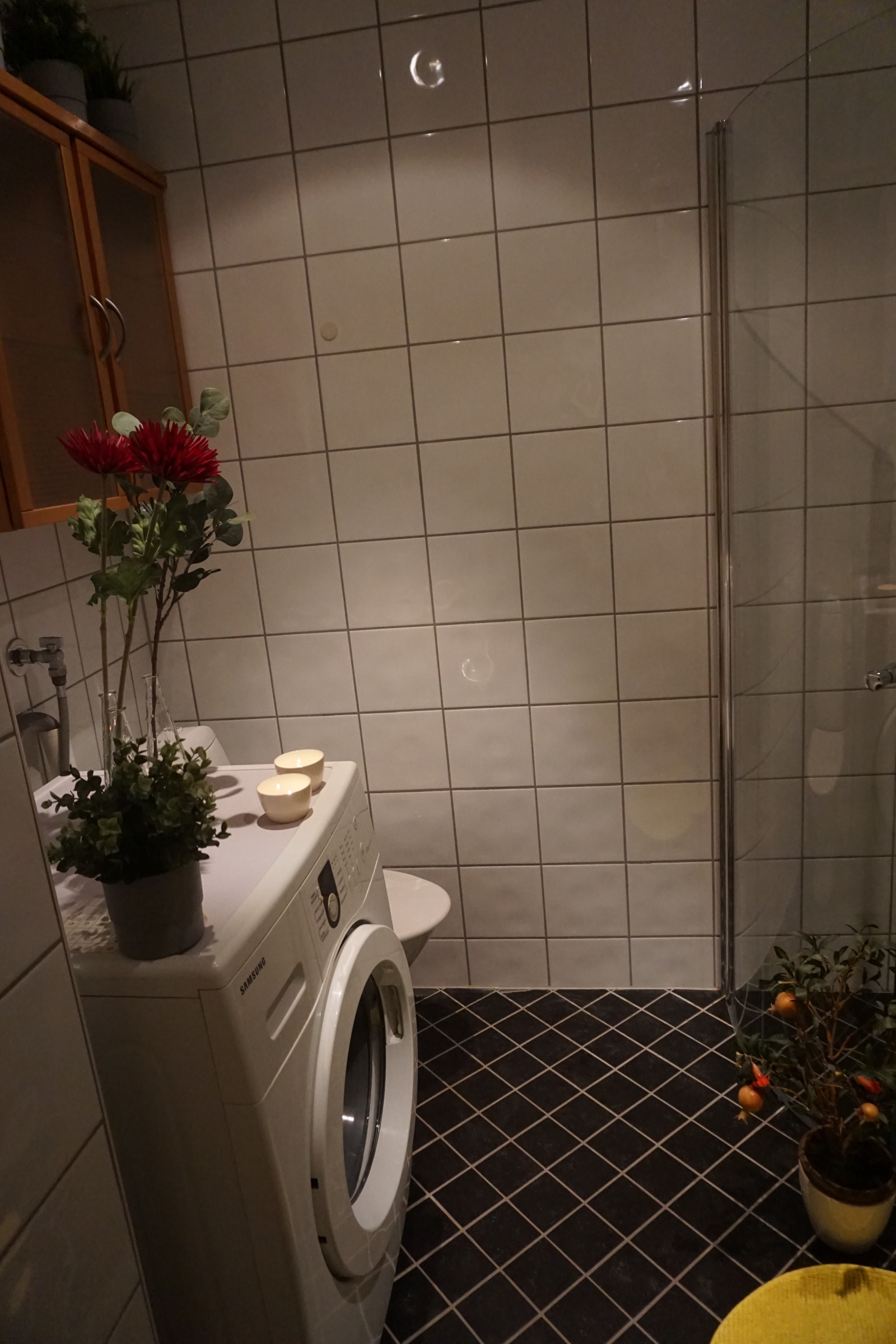 Moderne kvaliteter. Del av helfliset lekkert bad med varmekabler. Vifte. Nyere kombinert vaskemaskin og tørketrommel er inkludert. Galleribilde
