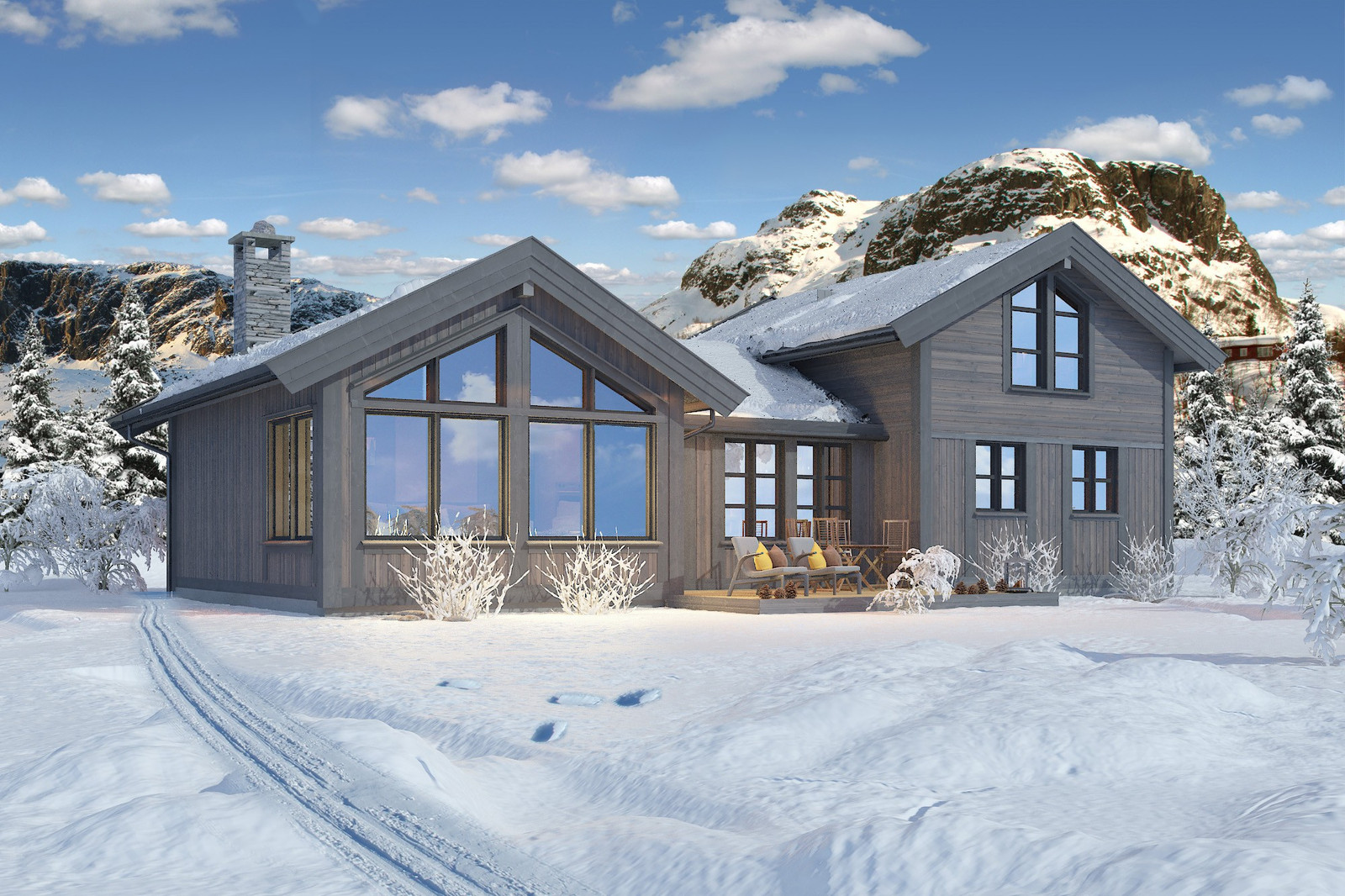 Vår bestselger Buen Høgtind illustrert i vinterlandskap. Kanskje din neste hytte?