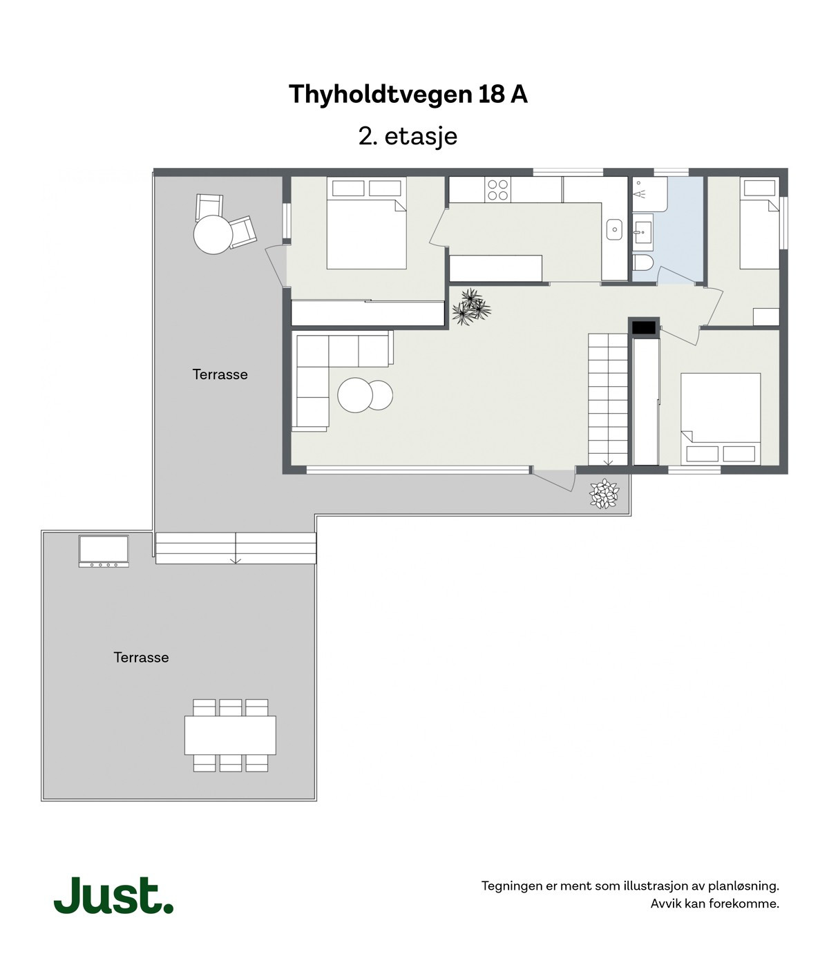 Planskisse 1. etasje, fellesområder i sameiet markert i grått.
