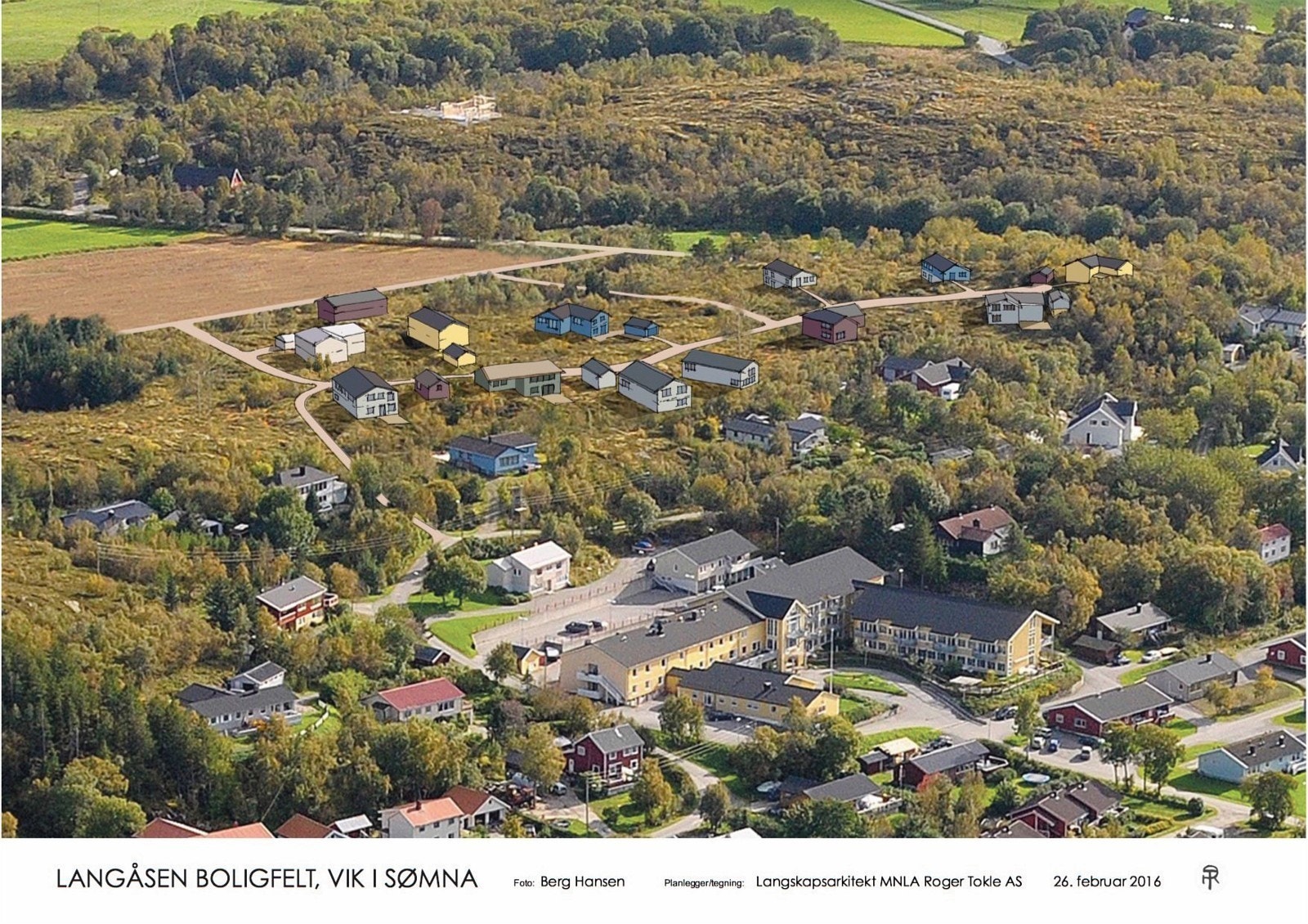 Perspektivtegning med plassering av hus i Langåsen Sør. Landskapsarkitekt MNLA Roger Tokle AS Galleribilde
