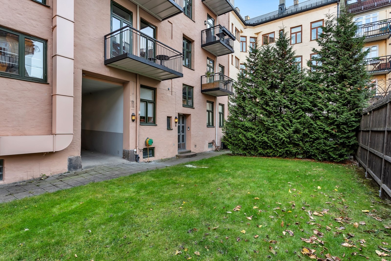 Grønt og velstelt i bakgården. Galleribilde