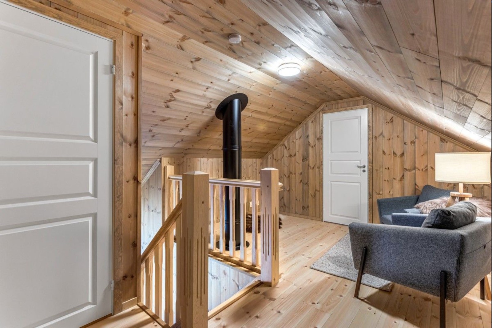 Kundetilpasset innredet hytte med ferdigbeiset panel ellers standard inndeling.
Her fra loftstuen. Galleribilde