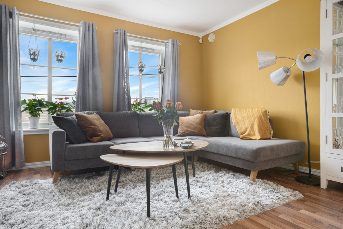 Boligen har en stor og romslig stue med plass til flere sittegrupper