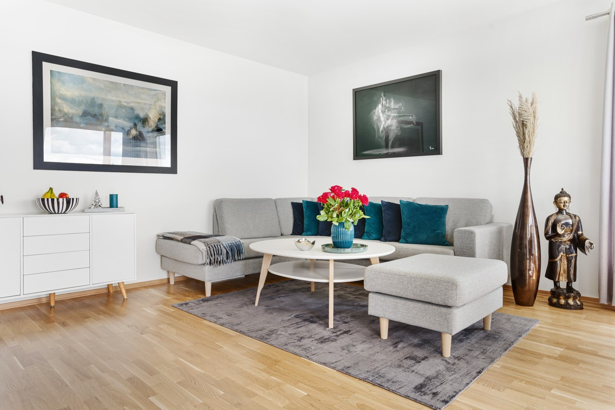 Stua er romslig med plass til stor sofa og diverse møblement